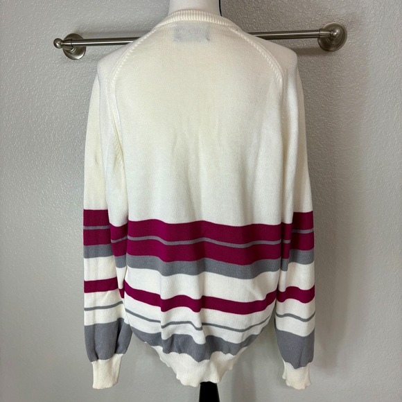 Cute Creamy Colored 90s Cotton Knit V-Neck Horizontal Striped Sweater Medium M - Picture 8 of 11